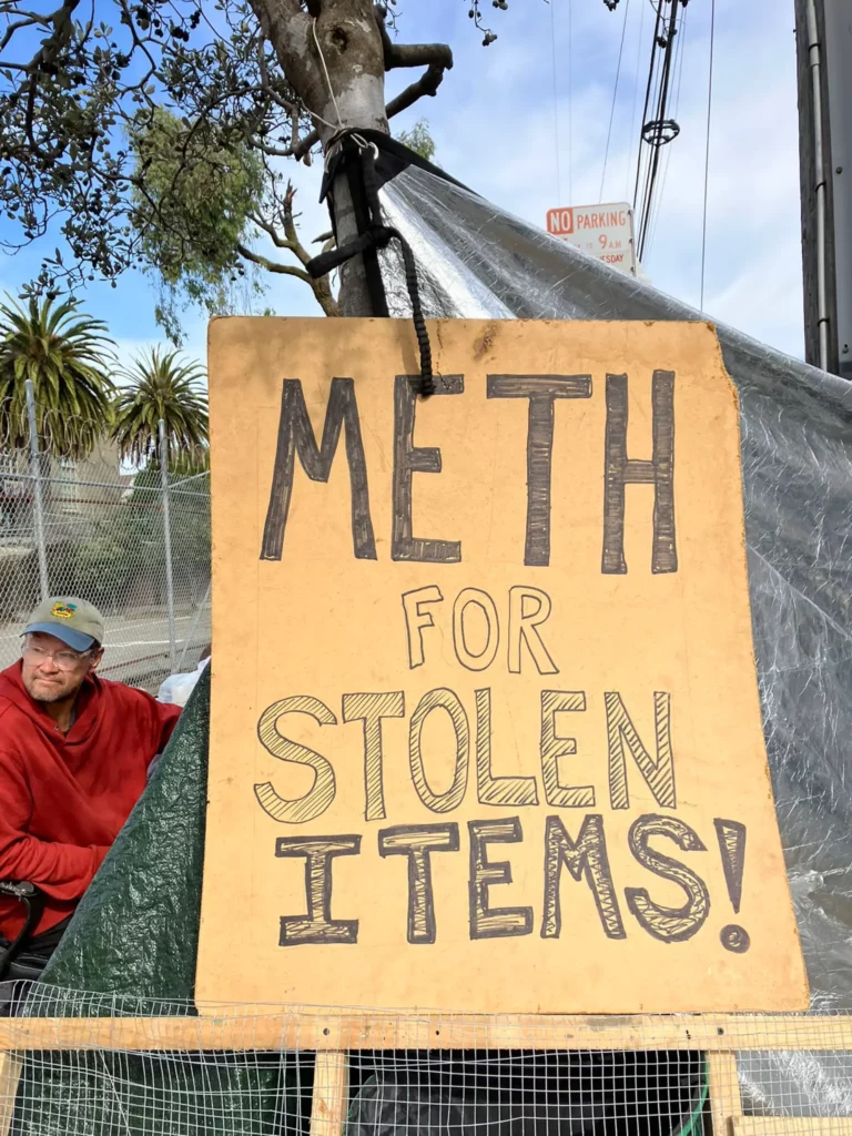 A homeless man in San Francisco has sparked outrage in his community after placing two signs outside his tent home that read, "Free fentanyl 4 new users," and "Meth for stolen items,” reports FOX News. 