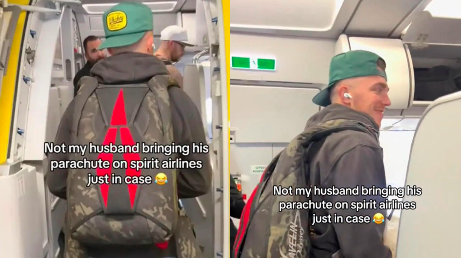 A Spirit Airlines traveler caused laughter when he was observed wearing a parachute during a flight, leading to jokes about the airline's reputation for chaotic incidents.