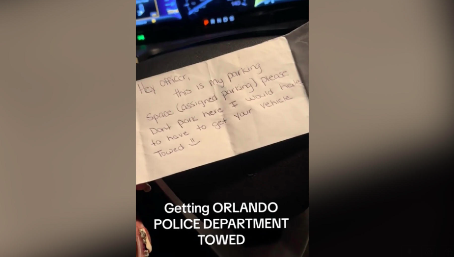 A woman discovered an Orlando Police Department officer parked in her designated spot and left a note warning that if the officer continues to park inappropriately, their vehicle will be towed.